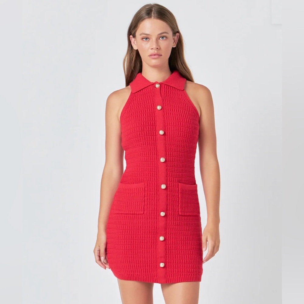 Red crocheted mini dress, red halter style mini, Endless Rose red crochet dress